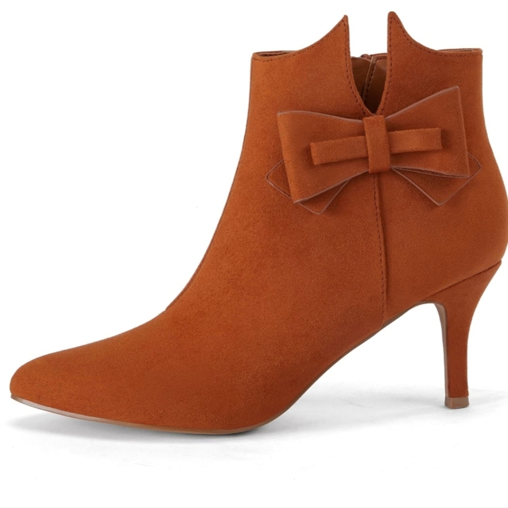 Ermonn Pointed Toe Ankle Boots Stiletto Heels Side Zipper Bow Faux Suede Booties